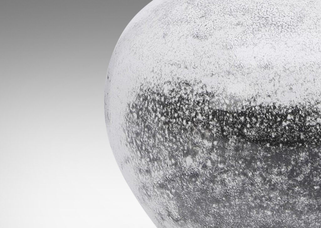 Gallery BAC wide globe form in white with dark gray stipple-glazed