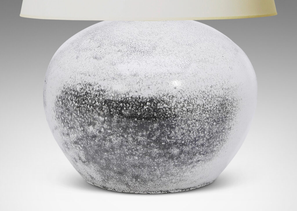 Gallery BAC wide globe form in white with dark gray stipple-glazed