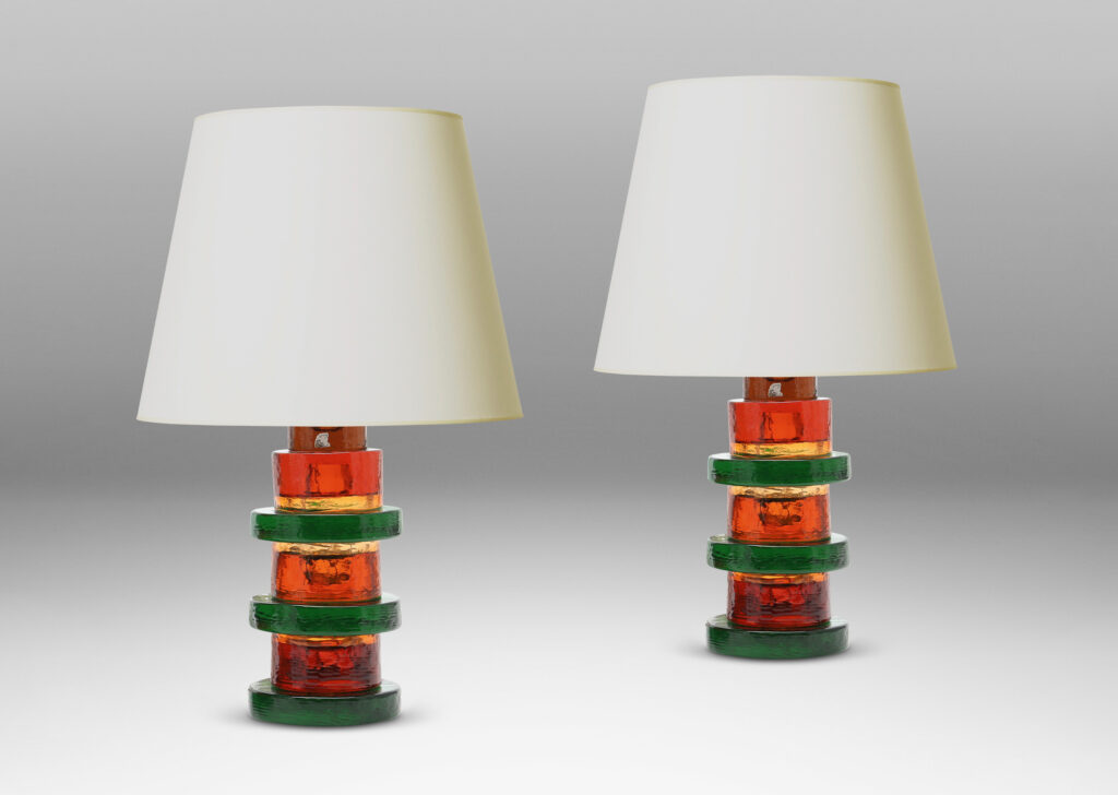 Gallery BAC bases comprised of alternating size disks in green and orange glass