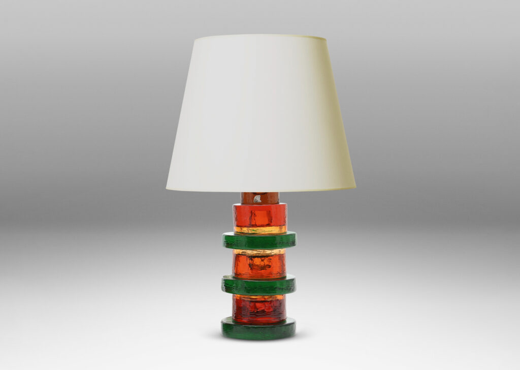 Gallery BAC bases comprised of alternating size disks in green and orange glass