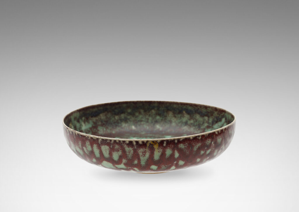 Gallery BAC delicate thin-walled form with marvelous mottled burgundy and green glaze