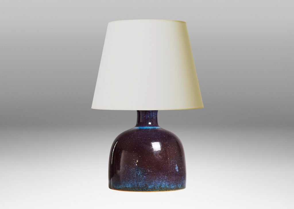 Gallery BAC dome form with bottle-like neck in stoneware with a marvelous atmospheric purple and cerulean glaze