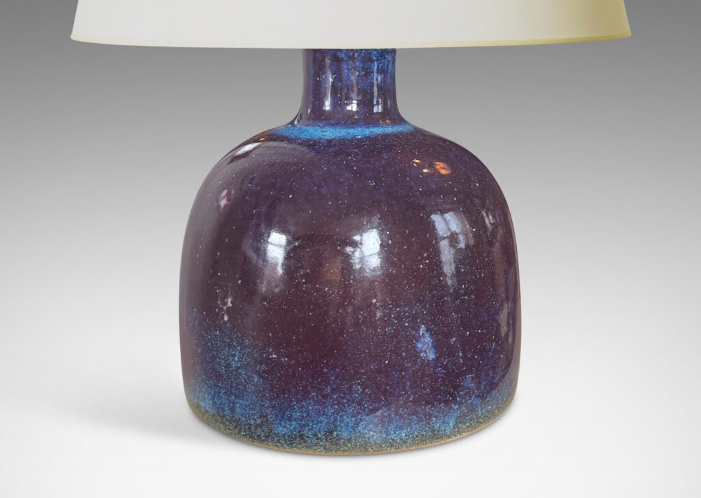 Gallery BAC dome form with bottle-like neck in stoneware with a marvelous atmospheric purple and cerulean glaze