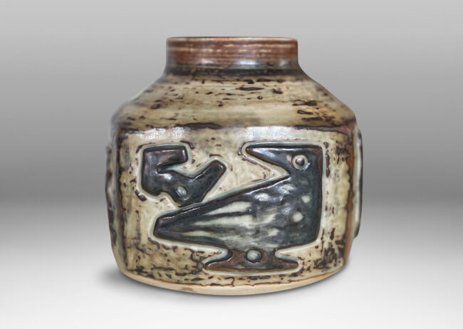 Gallery BAC four-sided tobacco jar form with the artist’s signature relief bird designs on each side