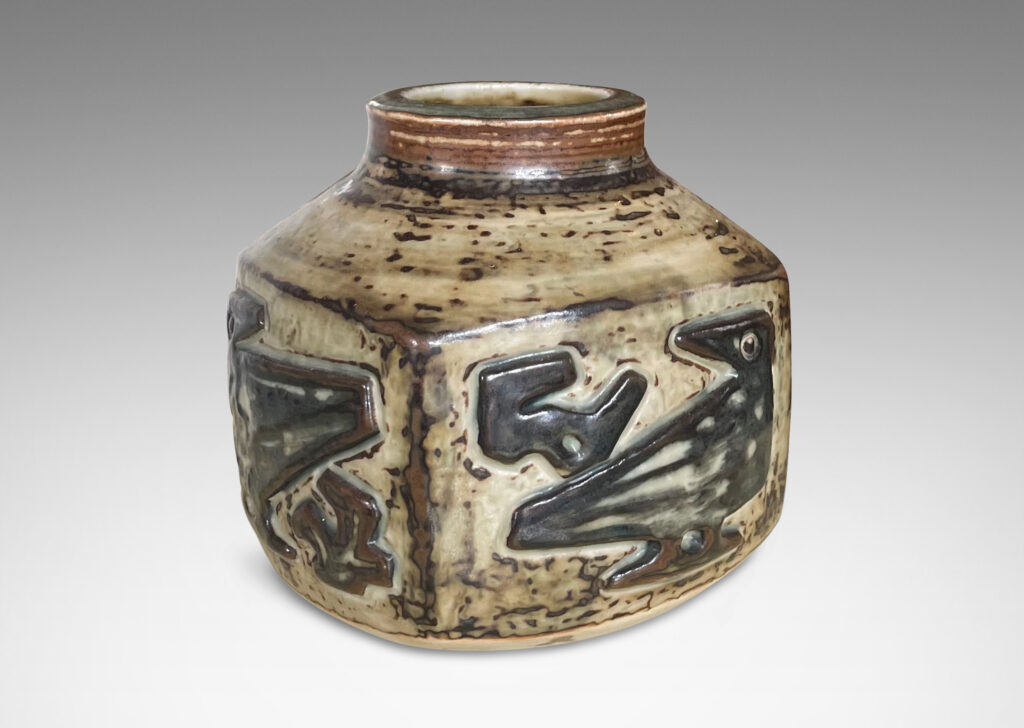 Gallery BAC four-sided tobacco jar form with the artist’s signature relief bird designs on each side