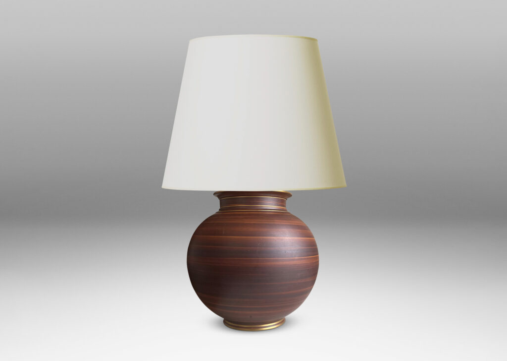 Gallery BAC globe form on a reveal with wonderful faux-bois striae brown glaze with gilded pinstripe accents