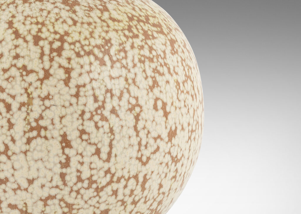 Gallery BAC large plump globe form in dappled ivory-pumpkin brown glazed stoneware