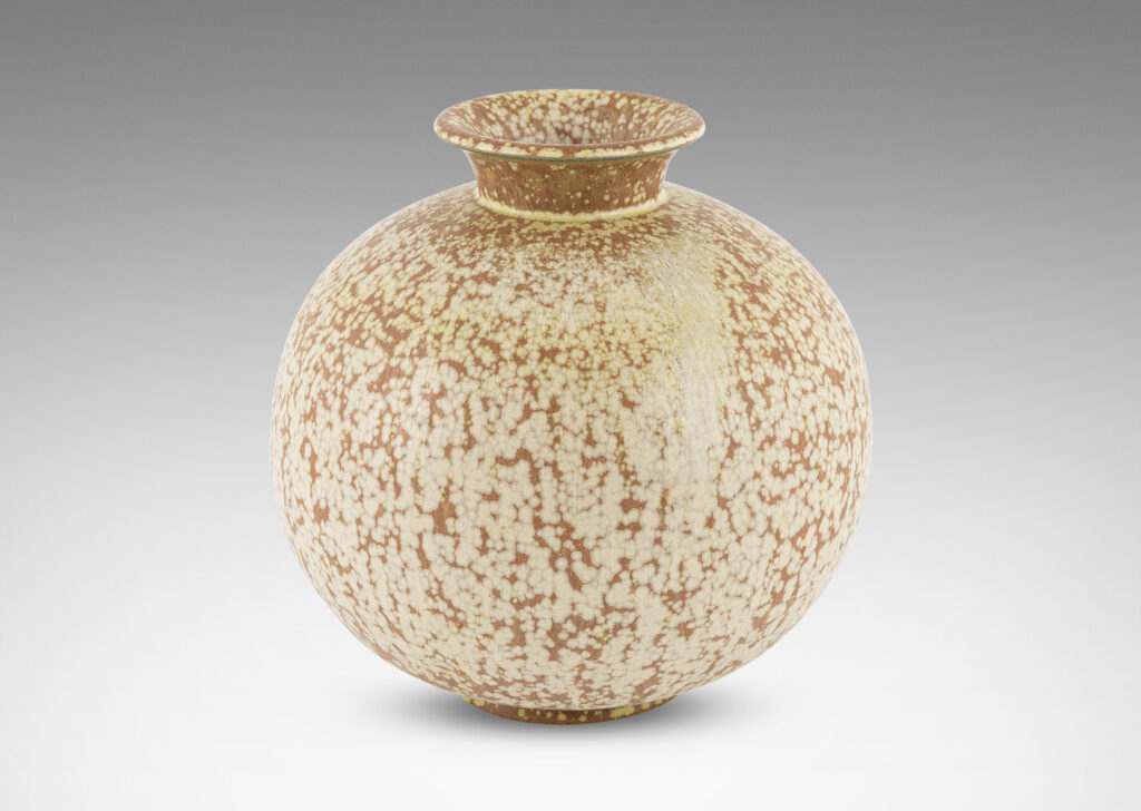 Gallery BAC large plump globe form in dappled ivory-pumpkin brown glazed stoneware