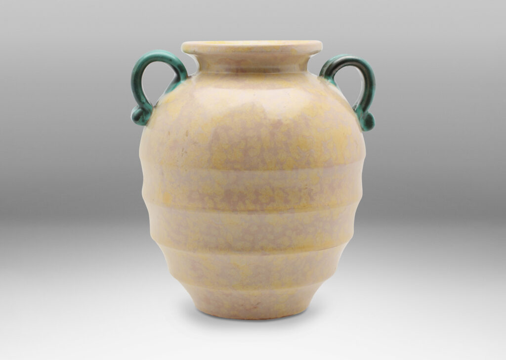 Gallery BAC amphora inspired tapering form with flared mouth, horizontal fluting and scroll handles, in sponged yellow-cream and green