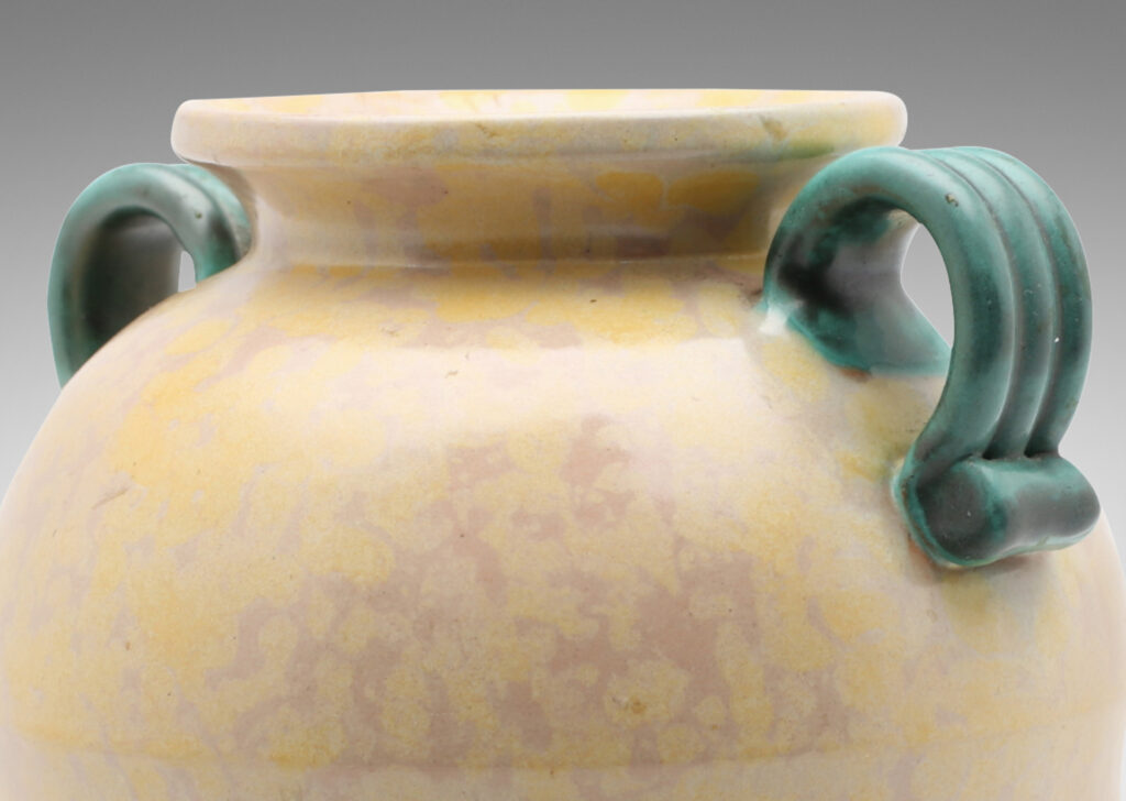 Gallery BAC amphora inspired tapering form with flared mouth, horizontal fluting and scroll handles, in sponged yellow-cream and green