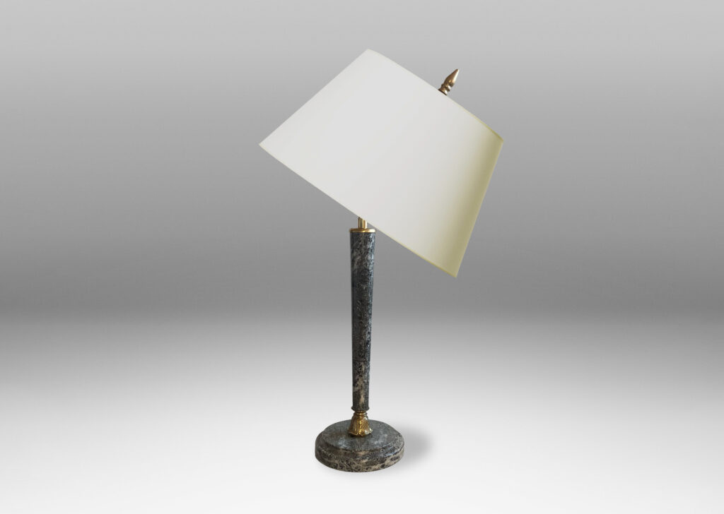 Gallery BAC tapered stand and disk plinth in Kolmården marble with brass mounts and harp