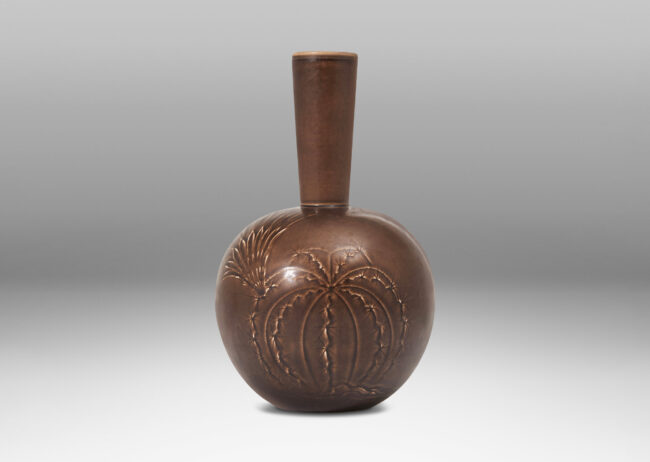 Gallery BAC spherical form with tall tapered neck and carved relief depicting cacti in a deep chocolate brown