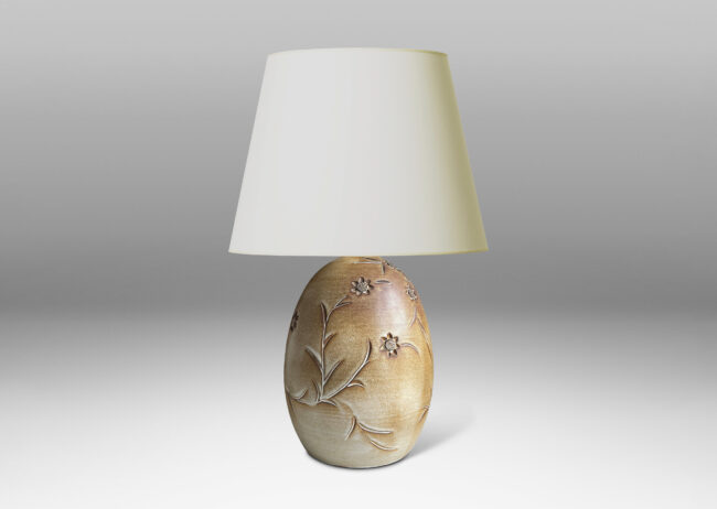 Gallery BAC ovoid form with carved floral relief pattern, stoneware with tan-brown glaze