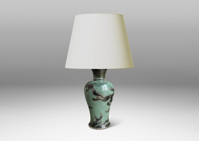 Gallery BAC vase form in bronze with Asian style branching design using verdigris and black patination, silvering and engraving