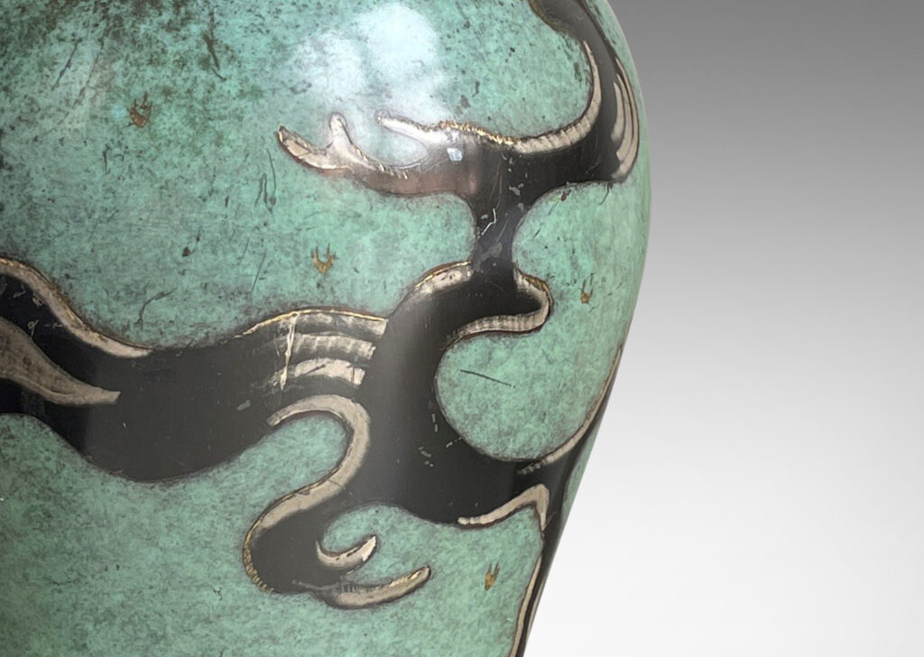 Gallery BAC vase form in bronze with Asian style branching design using verdigris and black patination, silvering and engraving