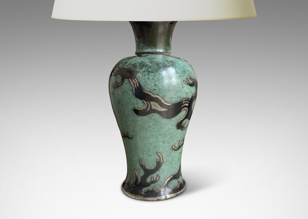 Gallery BAC vase form in bronze with Asian style branching design using verdigris and black patination, silvering and engraving