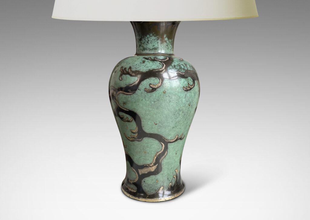 Gallery BAC vase form in bronze with Asian style branching design using verdigris and black patination, silvering and engraving