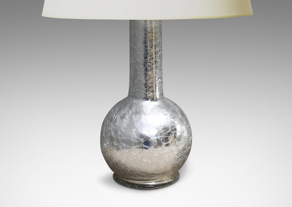 Gallery BAC having a Chinese “Tianqiuping” vase form, with low globe body and tall attenuated neck in hand-blown mirrored craquel glass