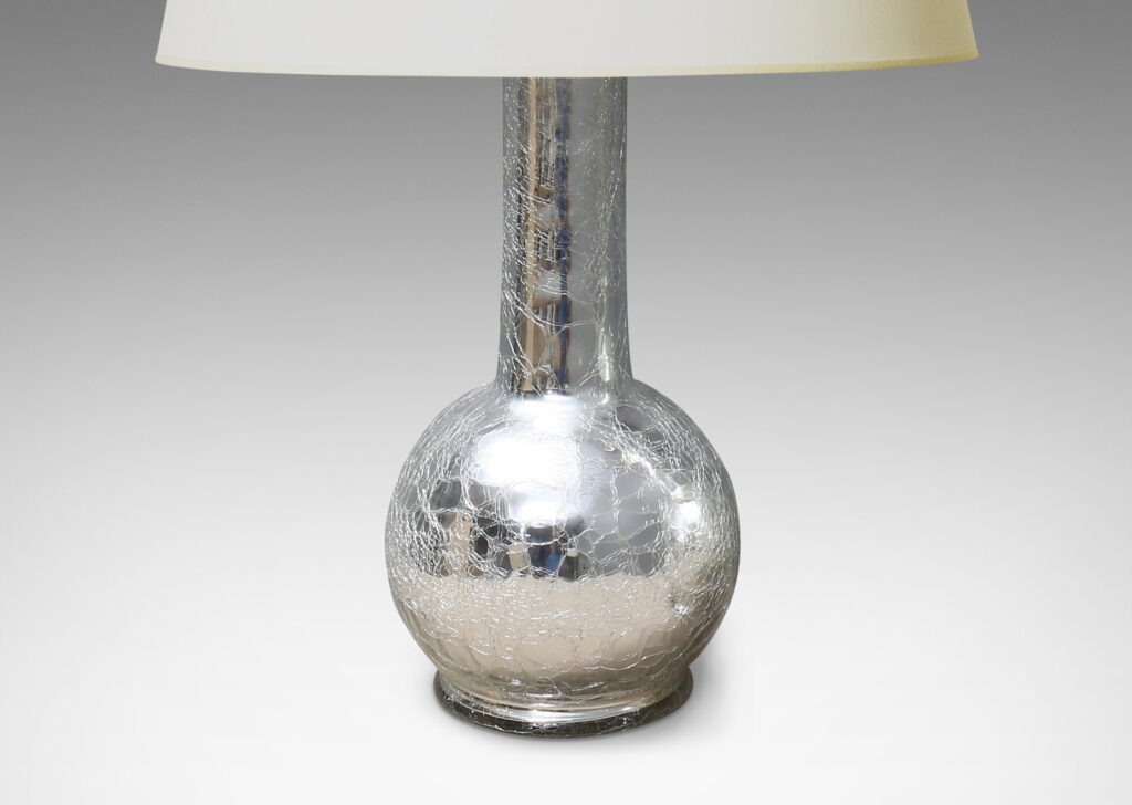 Gallery BAC having a Chinese “Tianqiuping” vase form, with low globe body and tall attenuated neck in hand-blown mirrored craquel glass