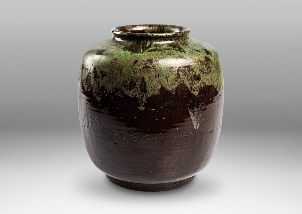 Gallery BAC jar form in a gloss aubergine-tinted brown with flowing silvery green mantle