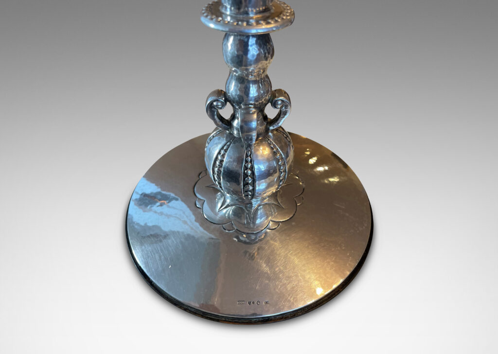 Gallery BAC tall tapered stand and pomegranate form on a disk base with engraved rosette ornamentation, exceptionally well-crafted by hand in sterling silver