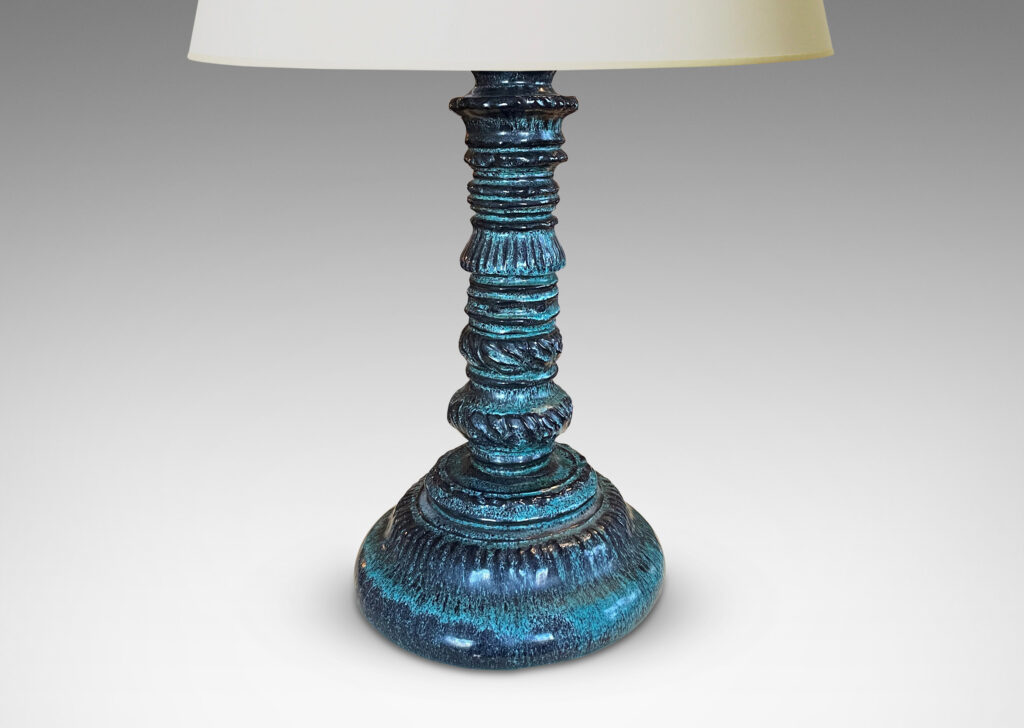 Gallery BAC textured tassel form in teal-black glaze; hand-sculpted earthenware