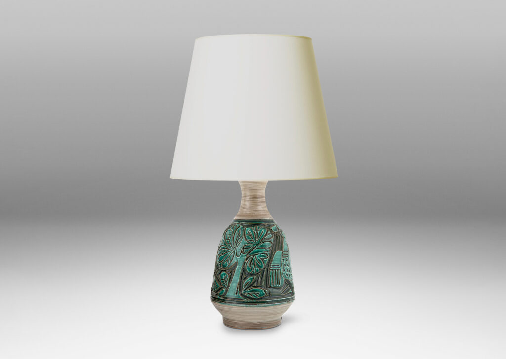 Gallery BAC angled decanter-like forms with carved reliefs depicting birds and trees, in shiny saturated jade green and matte striae pale taupe