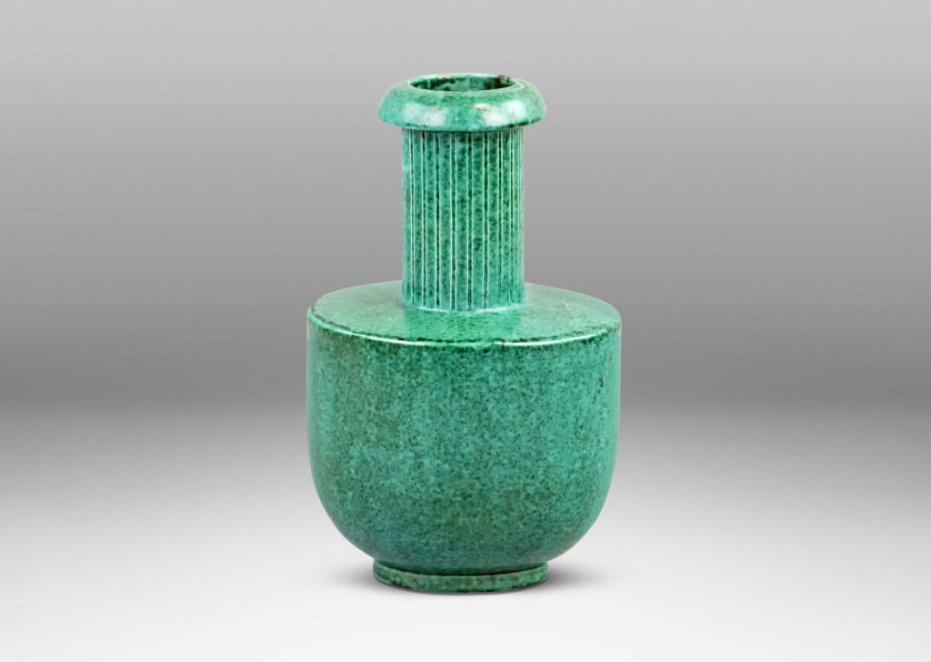 Gallery BAC rationalized ewer form with sponged blue-green copper oxide glaze