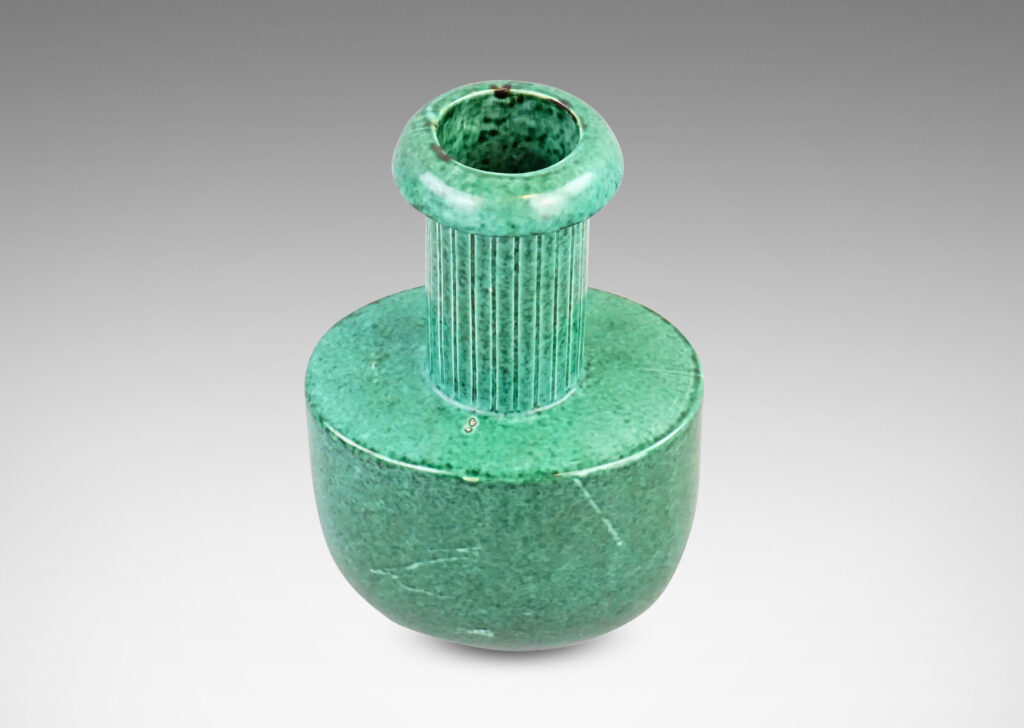 Gallery BAC rationalized ewer form with sponged blue-green copper oxide glaze