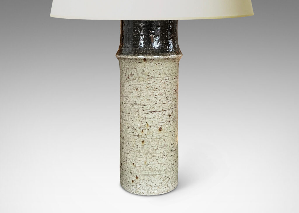 Gallery BAC notched cylindrical form with wonderful grog clay texture in clear pale green-gray, black and burgundy