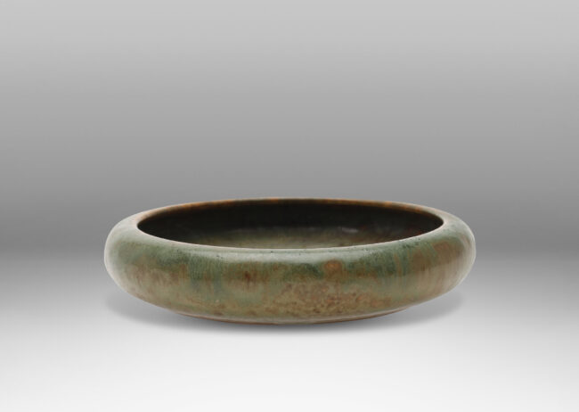 Gallery BAC softly modeled inwardly curved sides in a mottled gray-brown and green-blue glaze