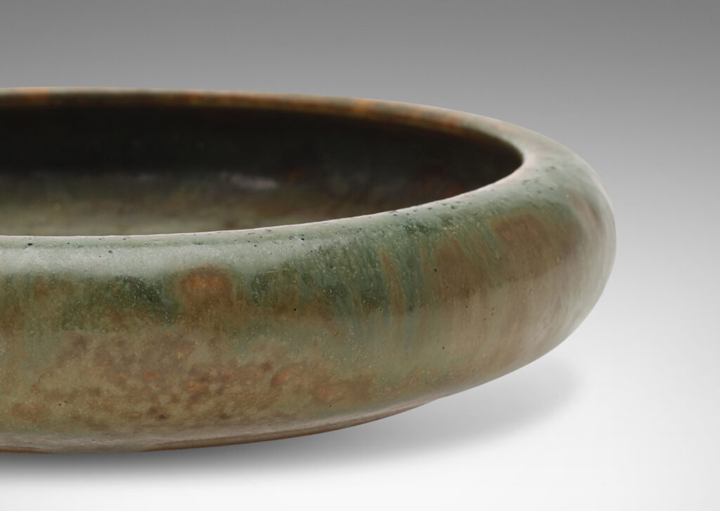 Gallery BAC softly modeled inwardly curved sides in a mottled gray-brown and green-blue glaze