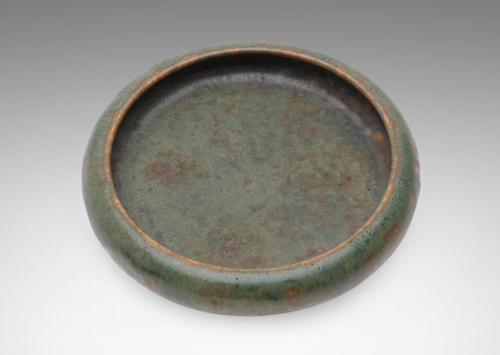 Gallery BAC softly modeled inwardly curved sides in a mottled gray-brown and green-blue glaze