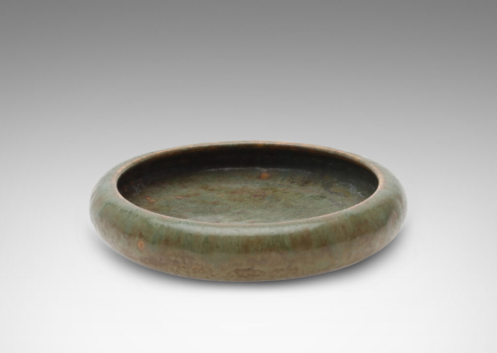 Gallery BAC softly modeled inwardly curved sides in a mottled gray-brown and green-blue glaze