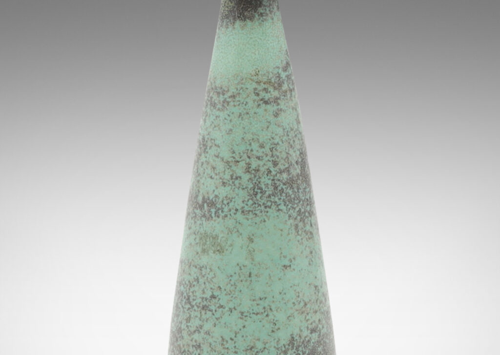 Gallery BAC tall conical form with flange lip in stoneware, with a handsome turquoise-gray dappled glaze