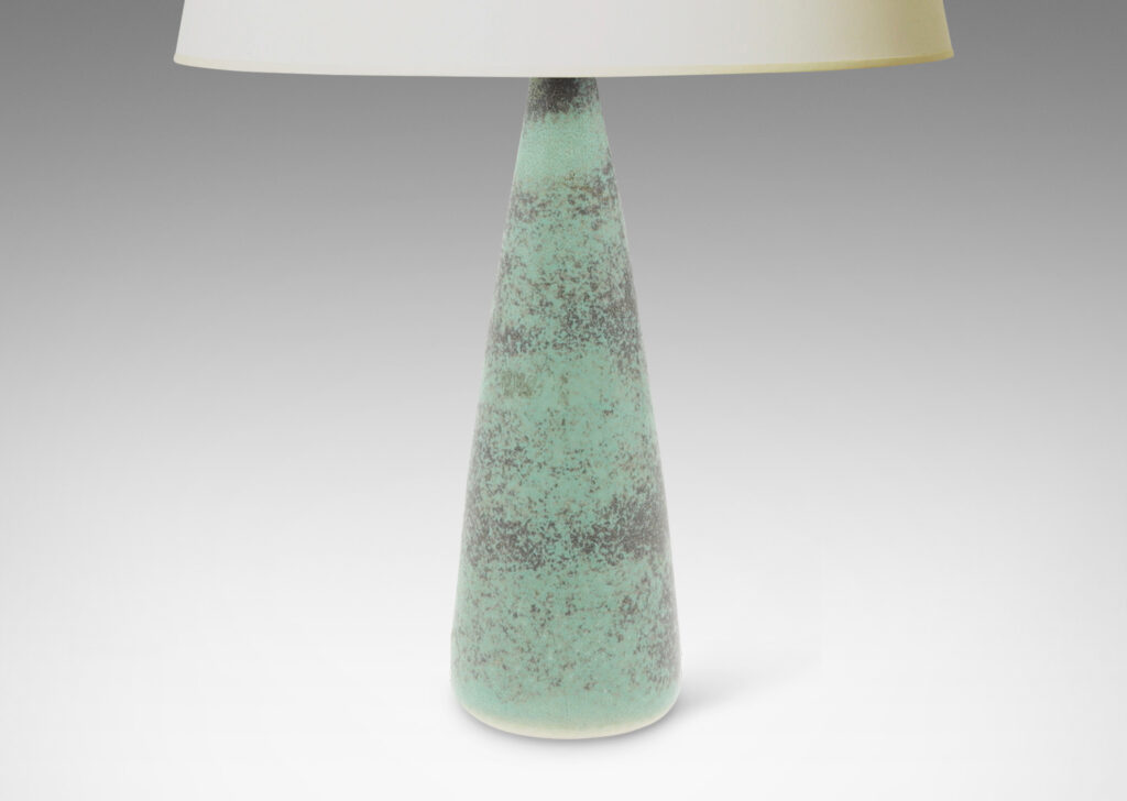 Gallery BAC tall conical form with flange lip in stoneware, with a handsome turquoise-gray dappled glaze