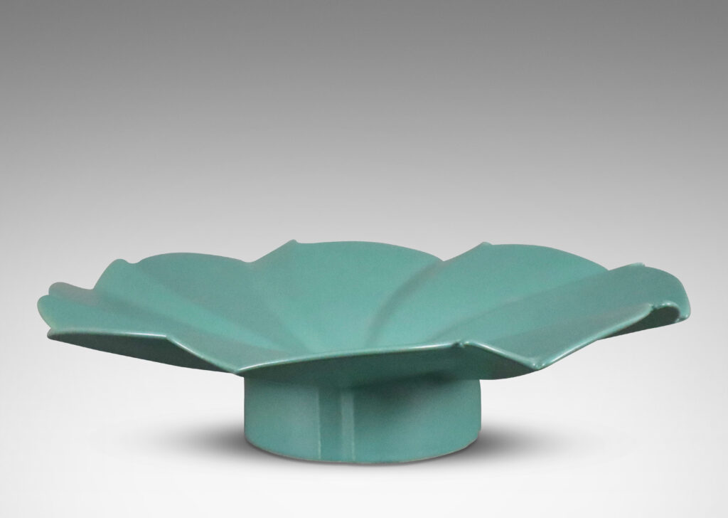 Gallery BAC pinwheeling folded form with scallop edge in a gray-turquoise glaze