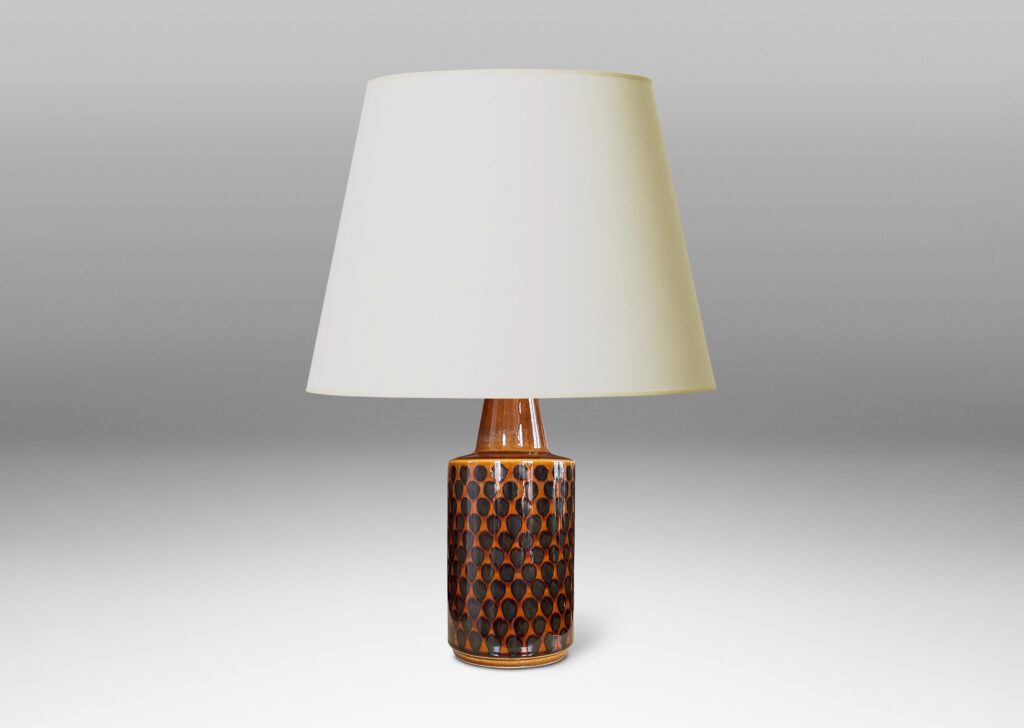 Gallery BAC cylindrical form with conical neck glazed in a shiny brown with pattern of dots arranged in a quincunx in a darker brown