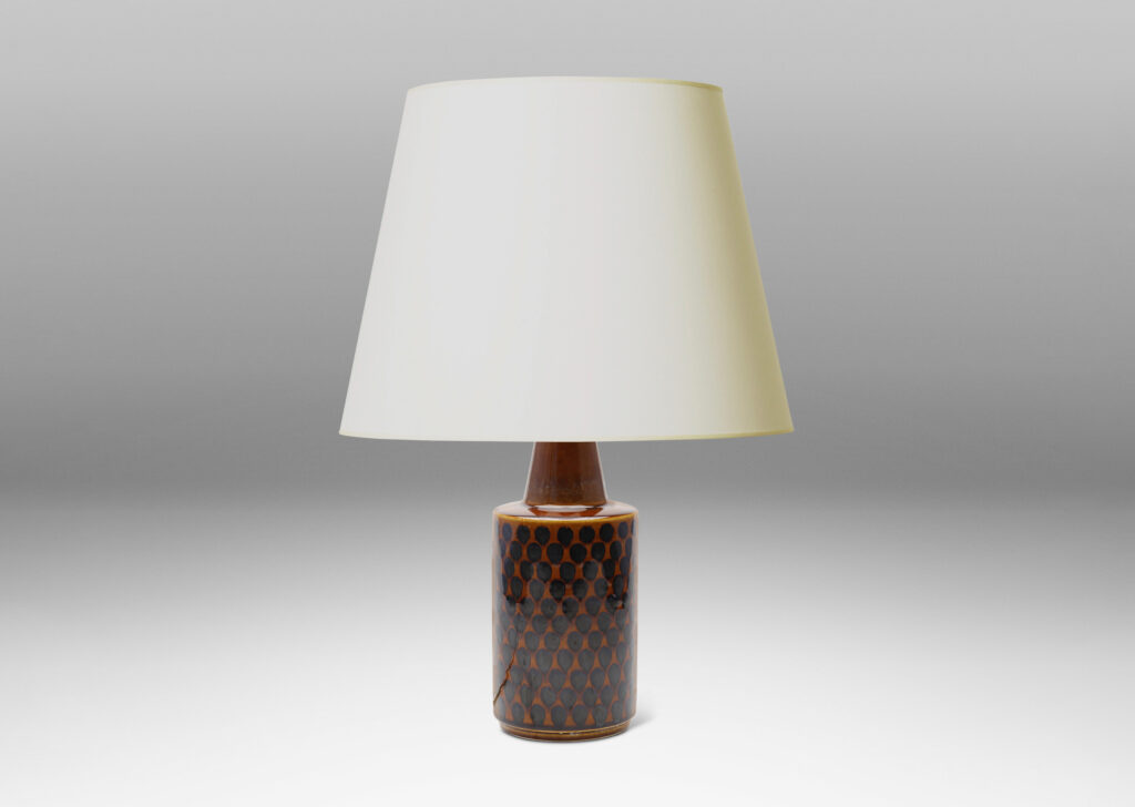 Gallery BAC cylindrical form with conical neck glazed in a shiny brown with pattern of dots arranged in a quincunx in a darker brown