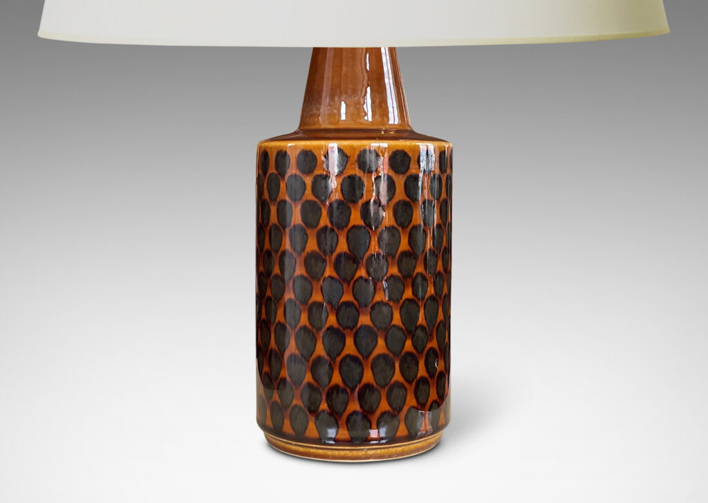 Gallery BAC cylindrical form with conical neck glazed in a shiny brown with pattern of dots arranged in a quincunx in a darker brown