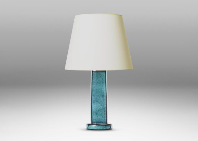 Gallery BAC square pillar form on a square plinth, glazed in a turquoise-to-deep blue glazing