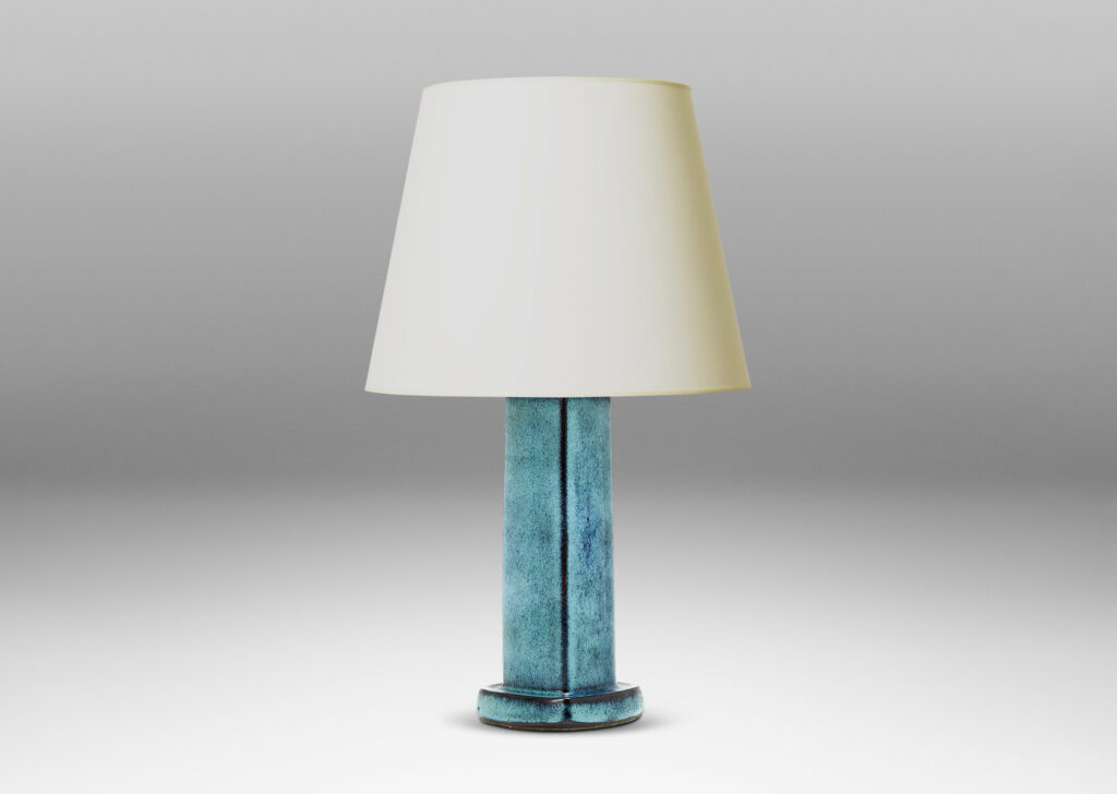 Gallery BAC square pillar form on a square plinth, glazed in a turquoise-to-deep blue glazing