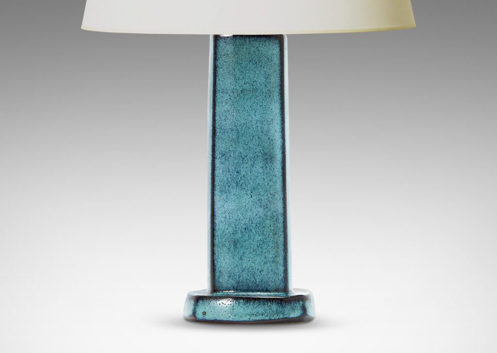 Gallery BAC square pillar form on a square plinth, glazed in a turquoise-to-deep blue glazing