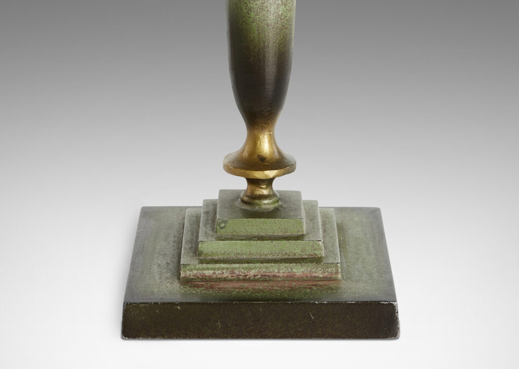 Gallery BAC modeled tapering torch form stand on a square stepped base, enameled in dark and burnished bronze tones and verdigris