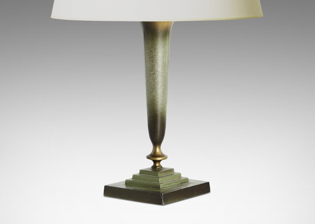 Gallery BAC modeled tapering torch form stand on a square stepped base, enameled in dark and burnished bronze tones and verdigris