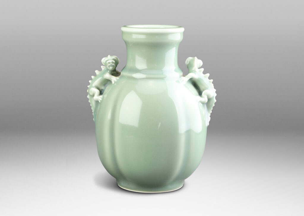 Gallery BAC obed form with wide mouth/neck and charming chameleon figure handles in celadon glaze