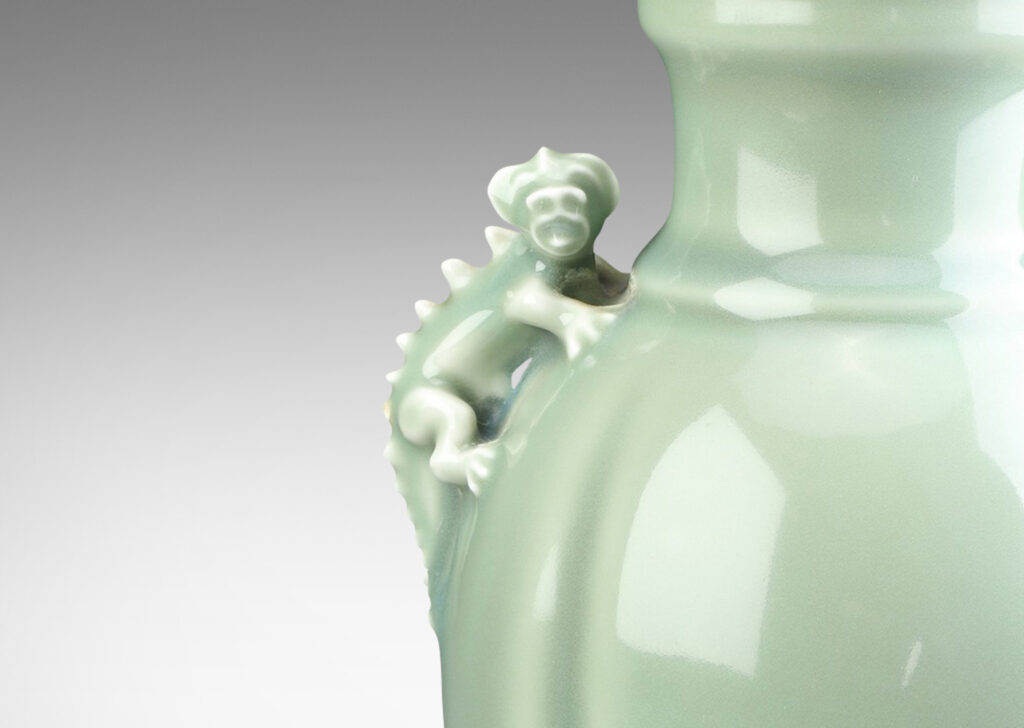 Gallery BAC obed form with wide mouth/neck and charming chameleon figure handles in celadon glaze