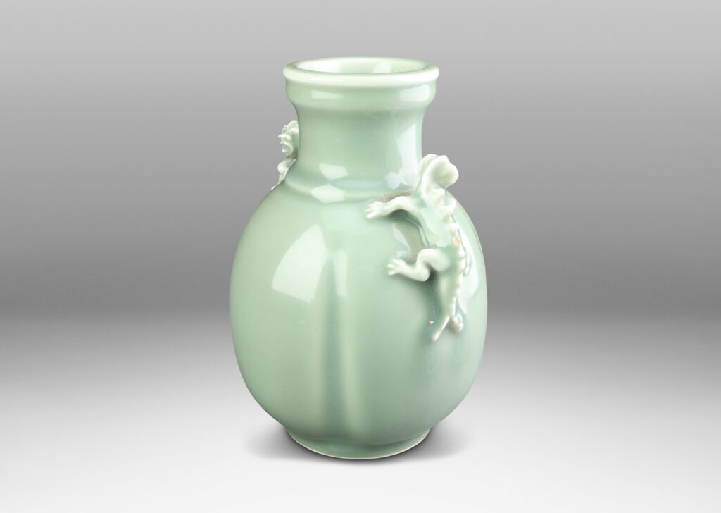 Gallery BAC obed form with wide mouth/neck and charming chameleon figure handles in celadon glaze