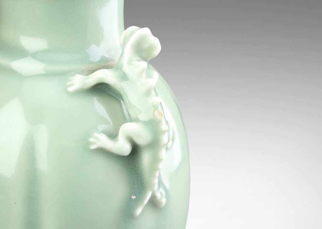 Gallery BAC obed form with wide mouth/neck and charming chameleon figure handles in celadon glaze