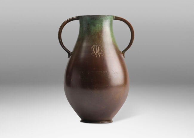 Gallery BAC swelling form with sinuously modeled handles; patinated bronze